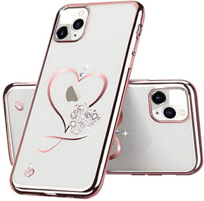 Луксозен силиконов гръб ТПУ FASHION с 3D камъни и сърце за Apple iPhone 13 Mini златисто розов кант / rose gold